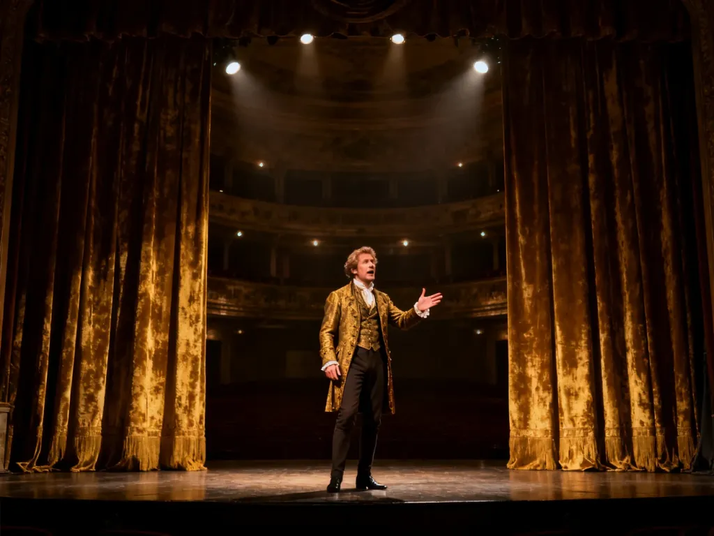 Aktor w eleganckim stroju z epoki wygłasza pełen emocji monolog na teatralnej scenie, ilustrując znaczenie słowa patetyczny.