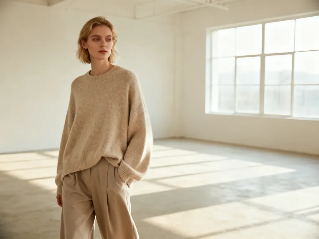 Kobieta w beżowym swetrze typu oversize i szerokich spodniach, prezentująca stylizację loose fit w minimalistycznym wnętrzu.